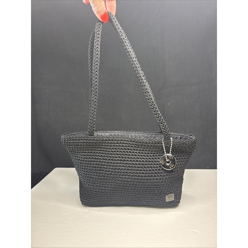 The Sak Black Crochet Shoulder Bag Zip Logo Plaque Classic Medium PO 3803-1R